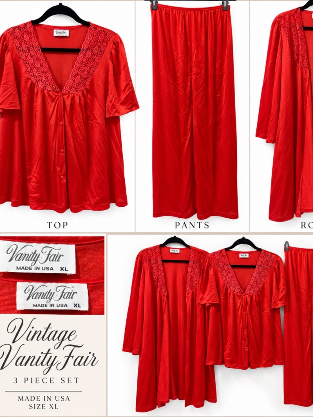 Vanity Fair Nightgown Robe Set Womens XL Burgundy Excellent Vtg 3 pc
